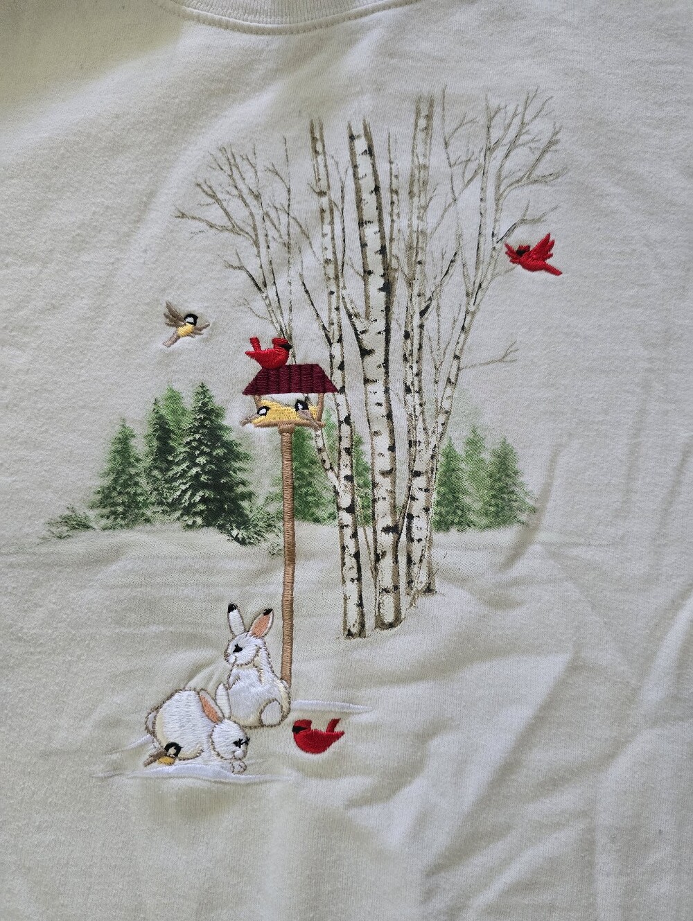 Womems Cream Long-Sleeve Top with Winter Rabbit & Bird Embroidery